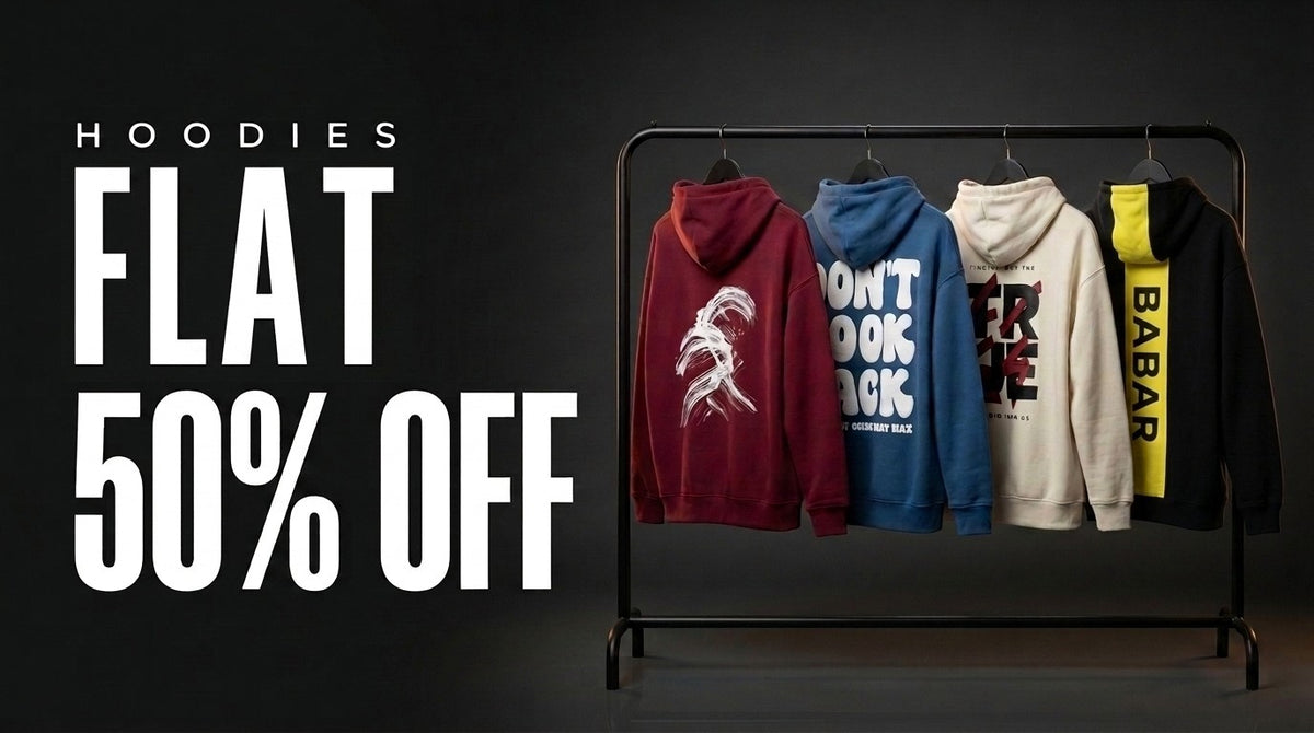 Elzari hoodies flat 50% off: Two Faces, Don't Look Back, True Lies and King Babar hoodies on a rack